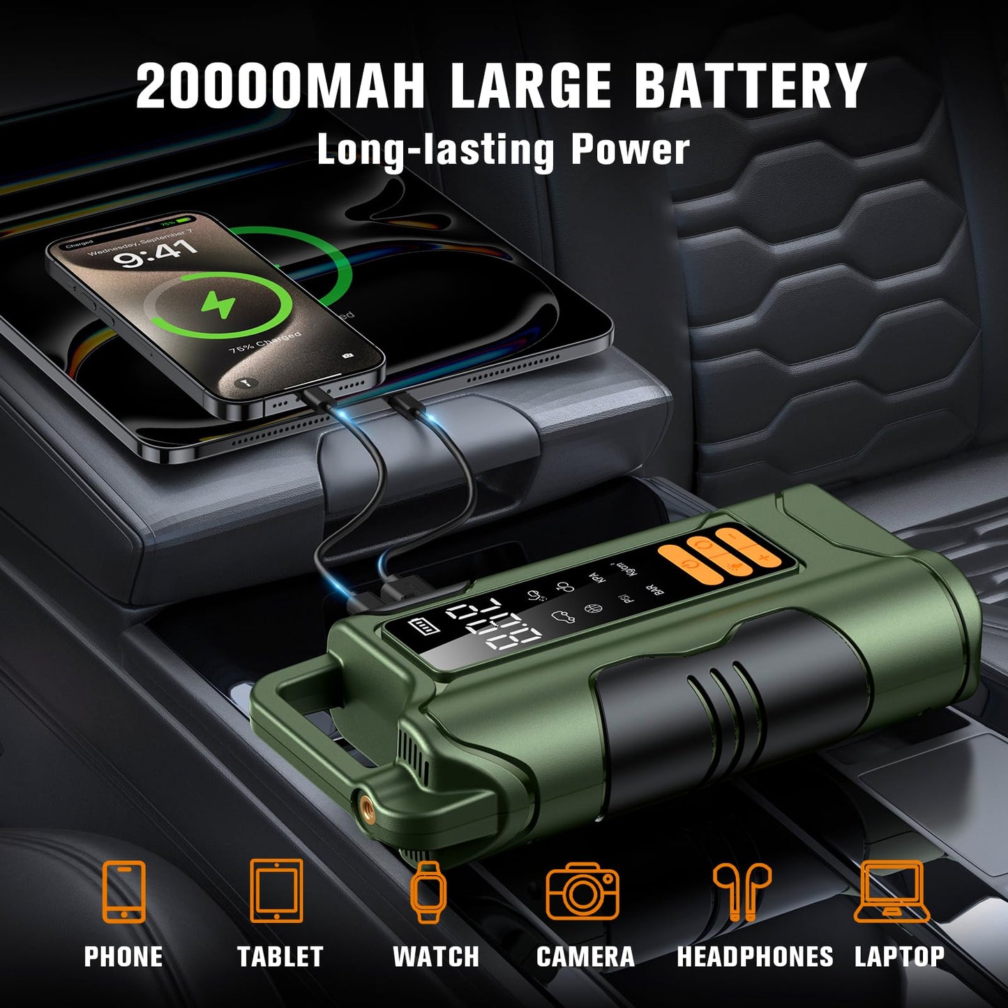 Jump Starter with Air Compressor,5000A Car Battery Jumper Starter, 16000mAh Battery Jumper Starter Portable for 10L Gas/Diesel Engine with 160PSI Booster,LED Display & Light,Jumper Cables