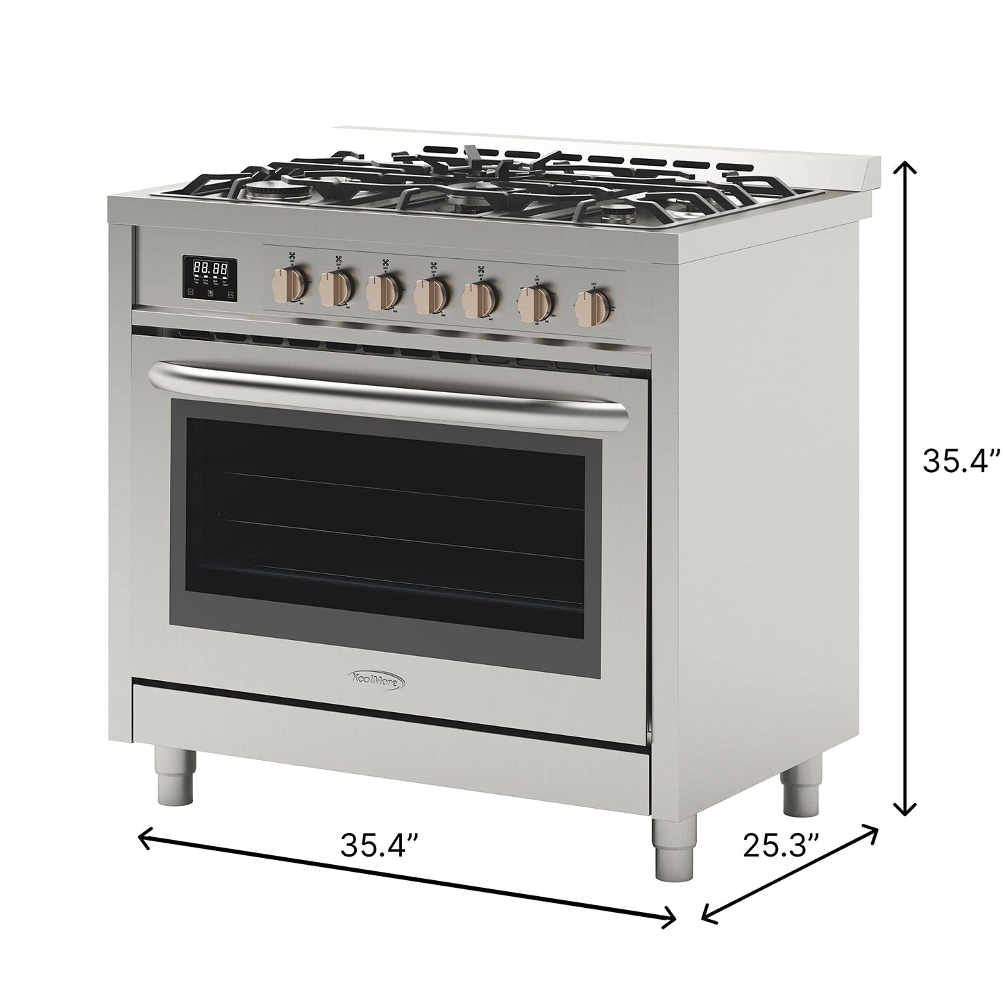 KoolMore 36” Inch Professional Gas Range Stove with 5 Burner Cooktop, Rapid Convection Oven, and Digital Timer with Heavy-Duty Cast Iron Grates, Stainless-Steel Appliance (KM-FR36GL-SS), Silver