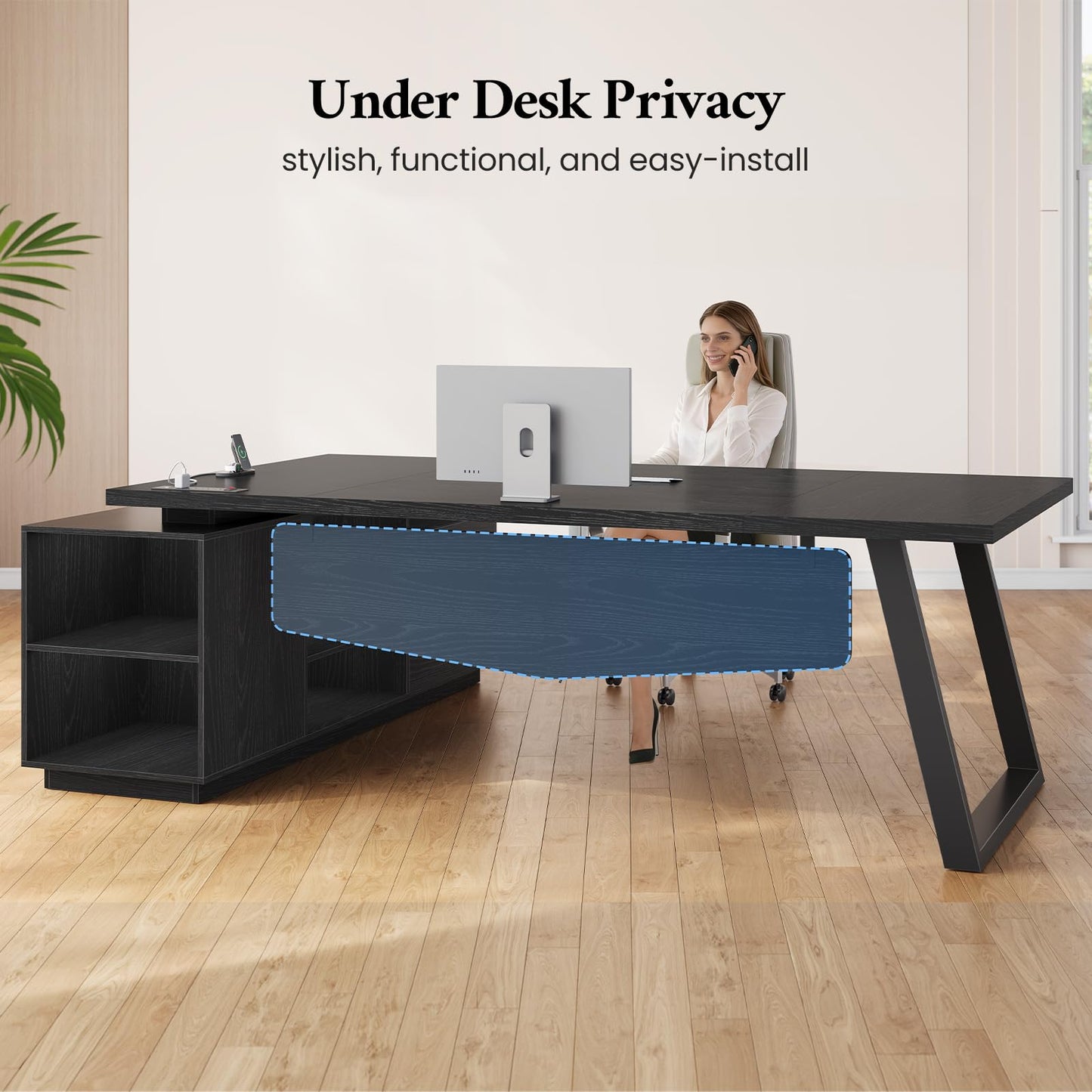 70.3 inch L Shaped Executive Desk with Power Outlets, Large Home Office Desk with Storage Drawers and File Cabinet, Modern Computer Desk with Shelves, Black Business Furniture, Square Metal Legs