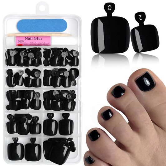 EternalClassic 144pc Press on Toenails for Women Toe Nail Press ons Short Square with Glue&Jelly Glue, Black Fake Toe Nails Glue on Toe Nails, Full Cover Acrylic Artificial Toe Press on Nails