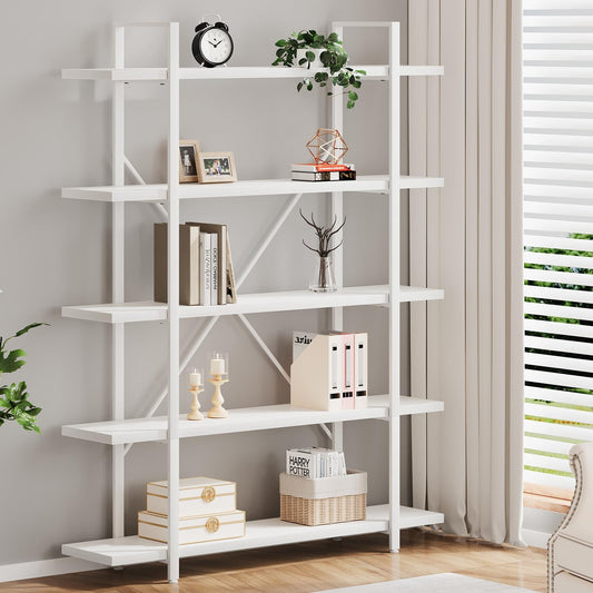 HSH 5 Tier Tall White Bookshelf, Metal and Wood Storage Book Shelves for Bedroom Living Room Office, Modern Large White Bookcases and Bookshelves 5 Shelf, Farmhouse Open Vertical Display Book Shelf
