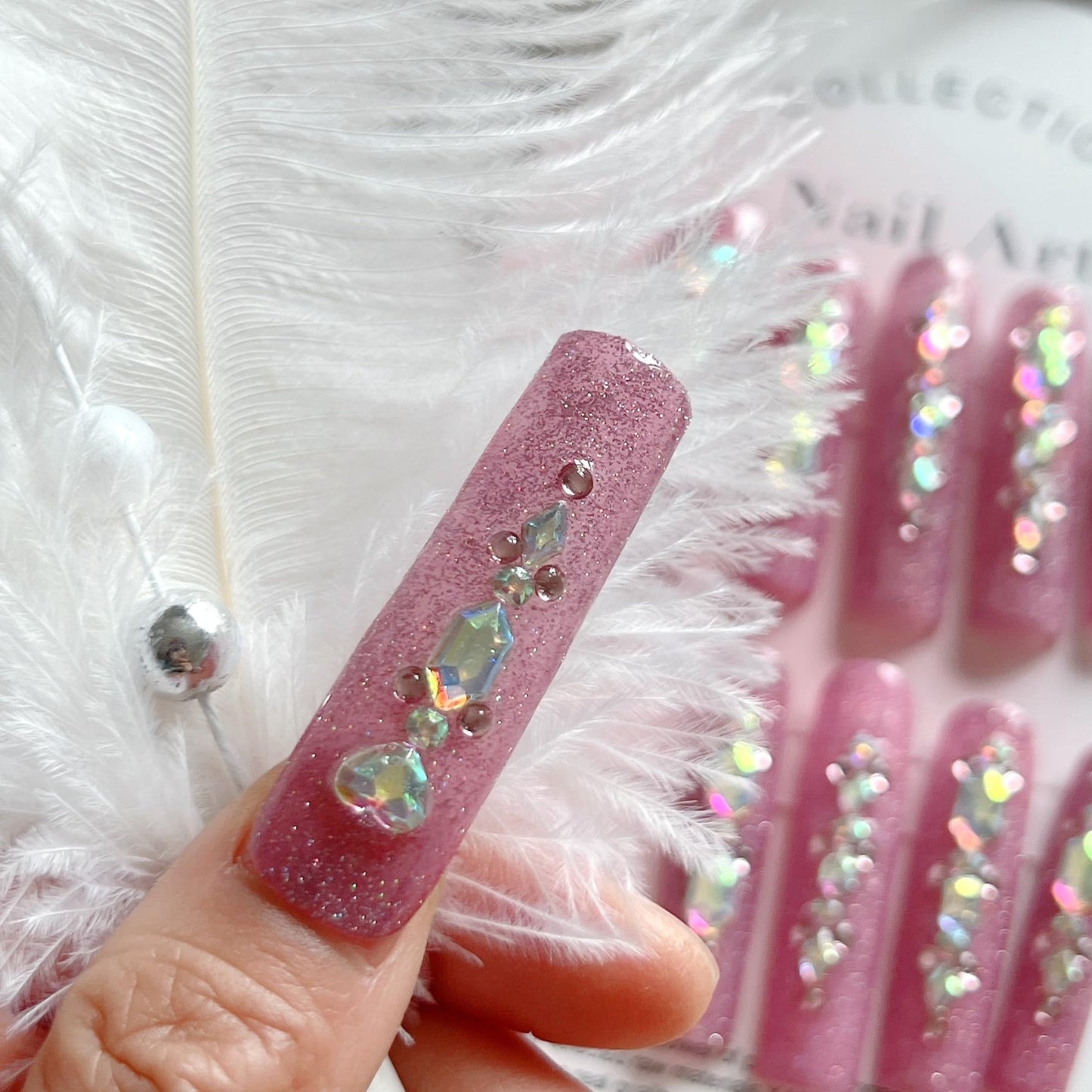 NAIL ANGEL 10PCS/SET Glamorous Handmade Press on nails Glitter Gem Rhinestone Long Coffin Nails Party Nails XXL Long Artifical Tips ZJ-05 (M)