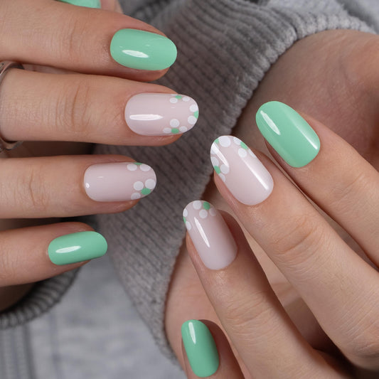 CurvLife Soft Gel Press On Nails Short – Oval Fake Nails, Reusable Glue On Nail Kit with Adhesive Tabs, Natural Fit & Salon-Quality for Women & Girls (Spring Dot)