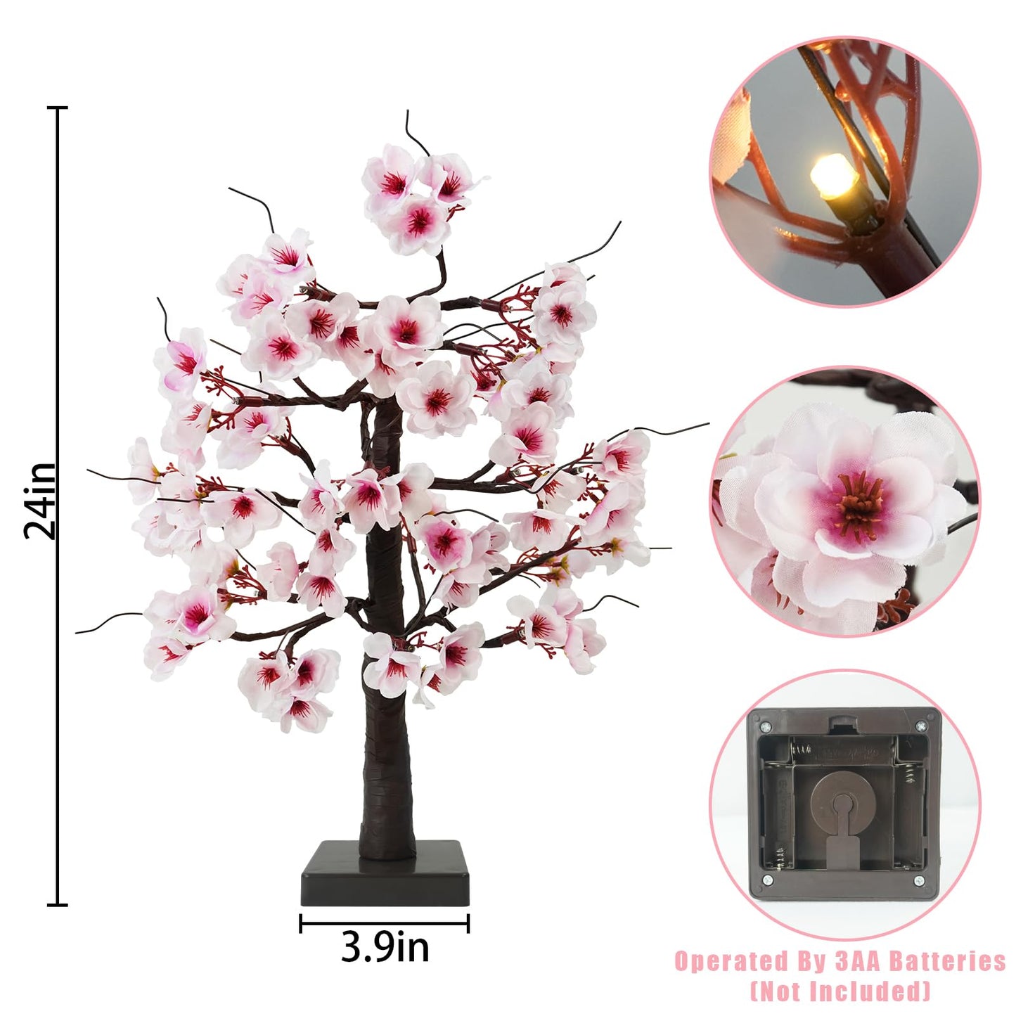 Uieke 24IN Lighted Cherry Blossom Tree 24 Warm White LED Tabletop Artifical Bonsai Tree with Timer Battery Operated for Wedding Party Spring Christmas Home Indoor Japanese Room Decor