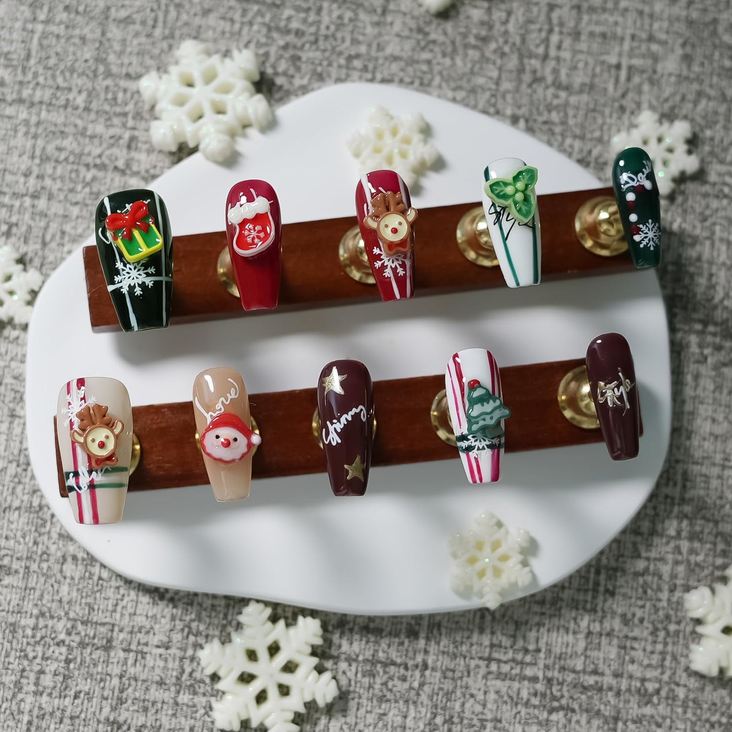 Tesytto Christmas Press on Nails Medium Coffin Colorful Fake Nails with Cute 3D Elk Santa Claus Xmas Trees Candy Canes Design Winter Handmade Acrylic Nails for New Year (Holiday Gifts,S)