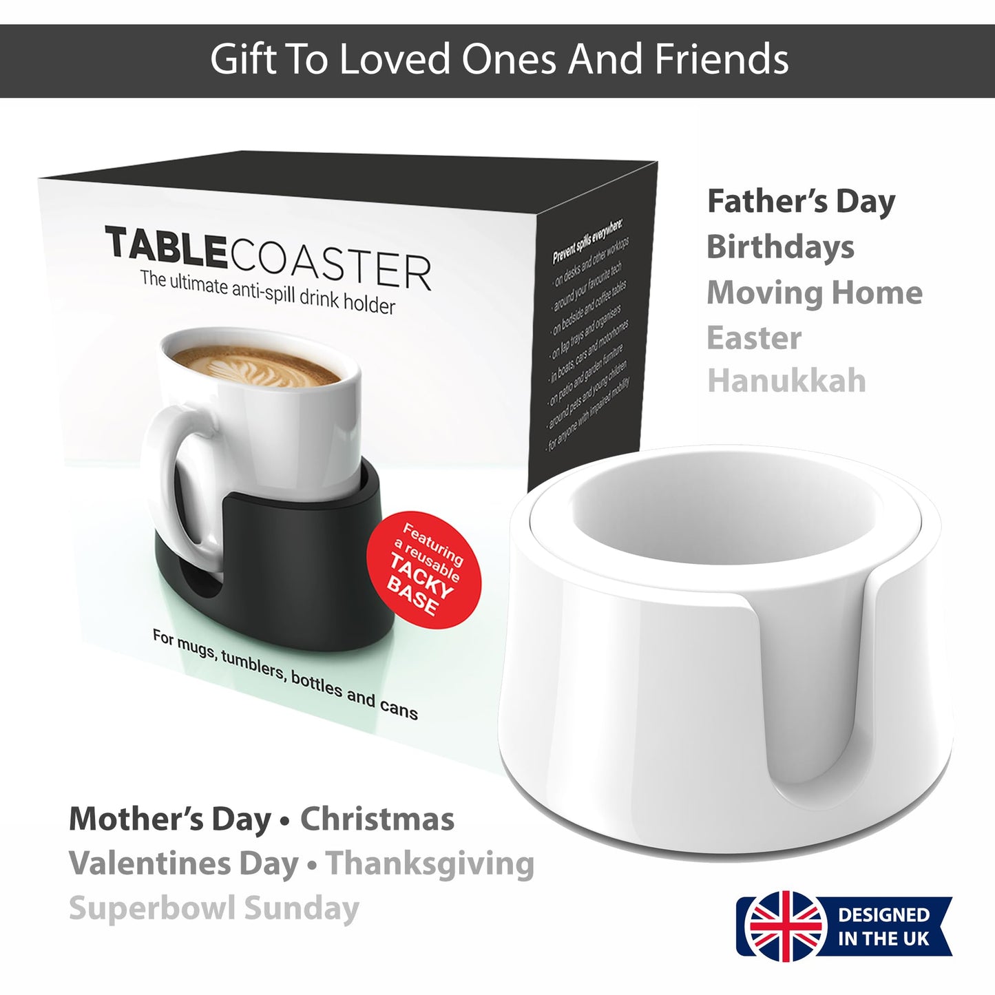 HIT PRODUCTS TableCoaster - Original Anti-Spill Table and Desk Cup Holder, Glacier White - RV and Boat Drink Holder, A Tip-Proof Coaster with Tacky Base and Walled Profile to Prevent Spilled Drinks