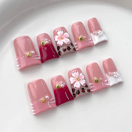 French Tip Press on Nails Handmade Short Duck 3D Flower Thick Acrylic Nails Cute Pink False Nails with Stars Leopard Print Shell Designs Beachy Glossy Fake Nail Sturdy Art Press on Nail 10Pcs(M)