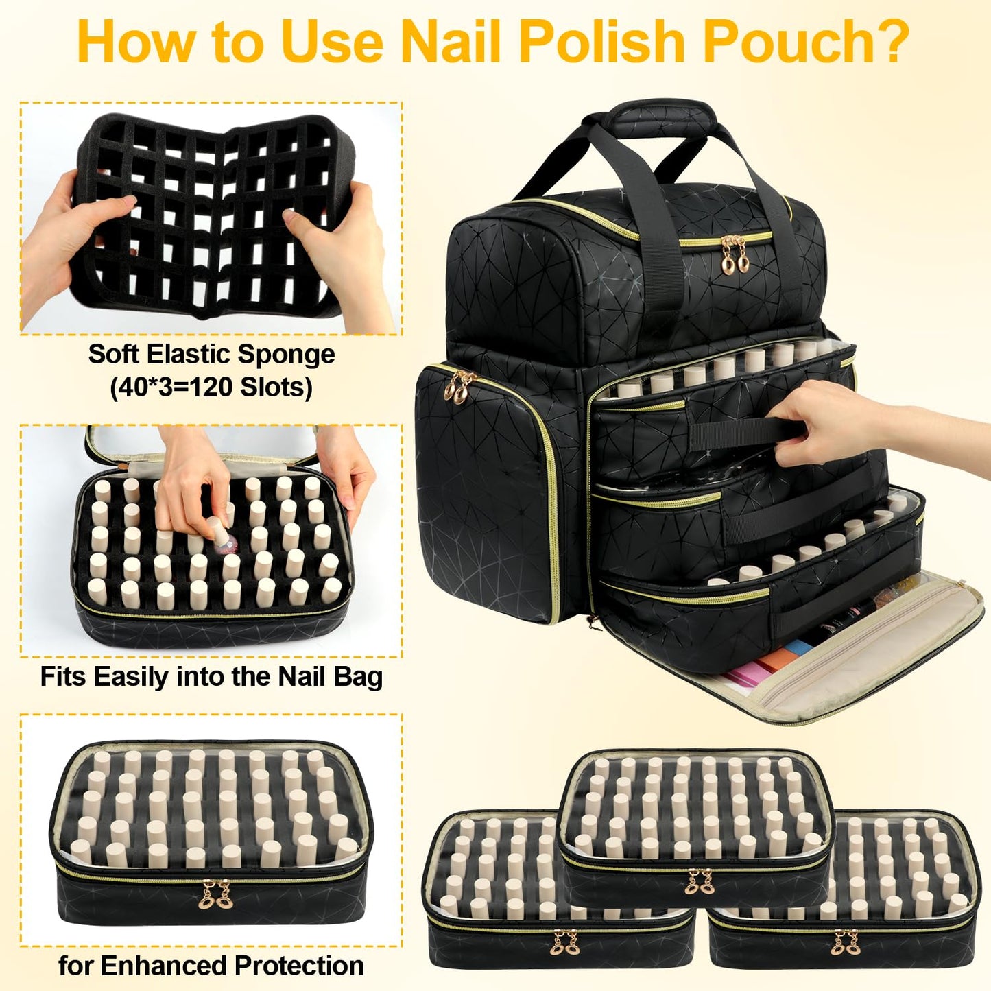 Veirdro Nail Polish Organizer Backpack Holds 130 Bottles (15ml/0.5fl.oz)& Nail Lamp, Extra Large Nail Kit Storage Bag with 3 Removable Carrying Cases, Nail Tech Supplies Organizer Case for Women Black