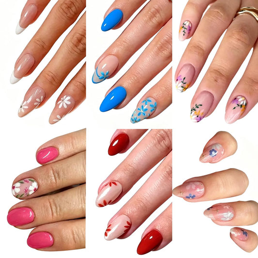 6 Packs (144 Pcs) Flower Press on Nails Medium Almond Fake Nails Spring Summer False Nails with Designs Cute Floral Glue on Nails Full Cover Glossy Acrylic Stick on Nail for Women Manicure
