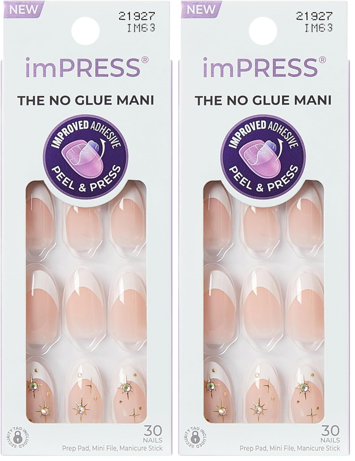 KISS imPRESS No Glue Mani Press On Nails, Design, 'Star player', White, Medium Size, Almond Shape, Includes 30 Nails, Prep Pad, Instructions Sheet, 1 Manicure Stick, 1 Mini File (Pack of 2)