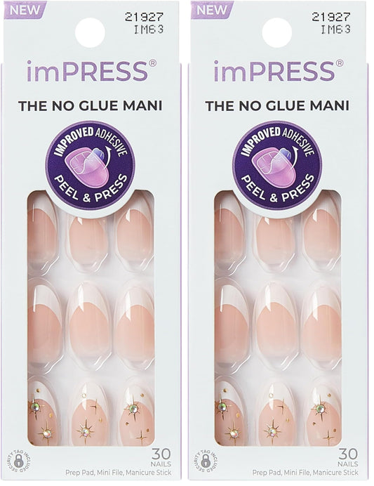 KISS imPRESS No Glue Mani Press On Nails, Design, 'Star player', White, Medium Size, Almond Shape, Includes 30 Nails, Prep Pad, Instructions Sheet, 1 Manicure Stick, 1 Mini File (Pack of 2)