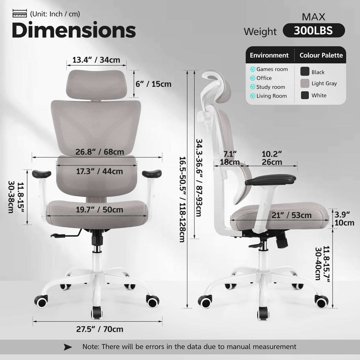 Ergonomic Office Chair High Back Desk Chair with Lumbar Support, Breathable Mesh Computer Chair with Adjustable Armrests Height, Reclining Swivel Big and Tall Gaming Chair for Home Office(Gray)