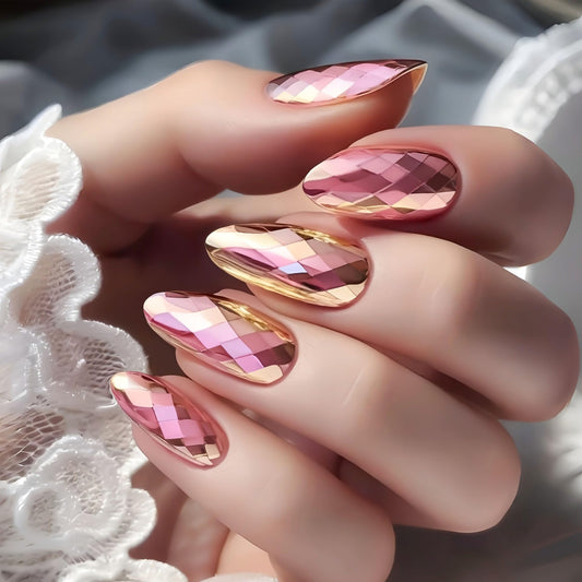 RUOKEXIN Almond Press on Nails Medium Length Fake Nails Pink Chrome False Nails with 3D Rhombus Designs Full Cover Nail Press ons Sparkly Artificial Nails for Women 24Pcs