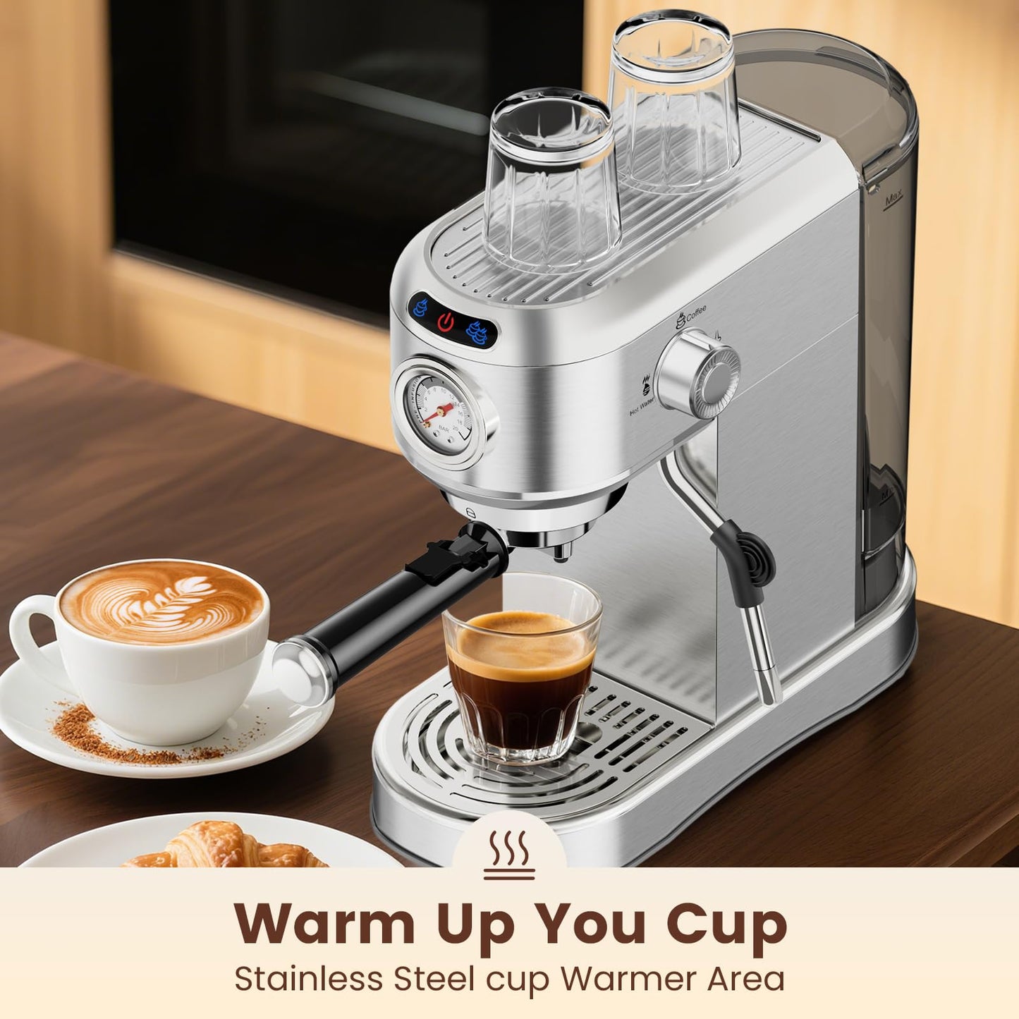 ANYCOLD Espresso Machine 20 Bar, Compact Espresso Maker, Stainless Steel Expresso Coffee Machines with Steam Milk Frother & 34oz Removable Water Tank for Cappuccino, Latte, Home Office Use, Silver