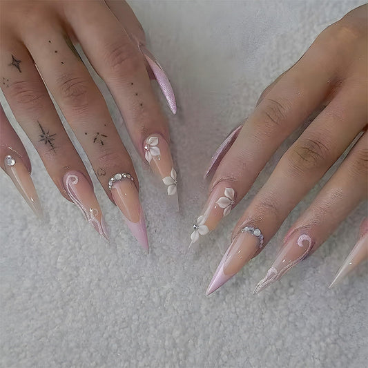 SINHOT Stiletto Press on Nails - Long Fake Nails, Glossy Finish, White Flower & 3D Rhinestones, DIY Artificial False Nail Art - 24 Pcs Nail Kit with Glue