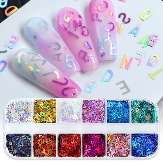 12 Colors Letter Nail Glitters Sequins 3D Holographic Laser Alphabet Nail Flakes for Women Manicure Art DIY Decorations Charms Supplies