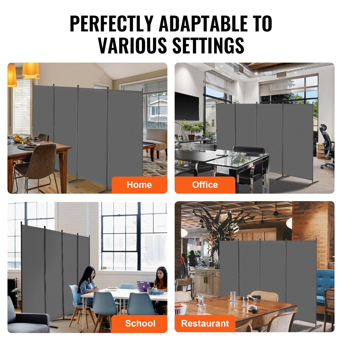 VEVOR Room Divider, 4 Panel Room Divider, 136" W Folding Privacy Screen and Portable Partition Divider for Room Separation, Freestanding Room Partitions for Office, Bedroom, Study, Grey