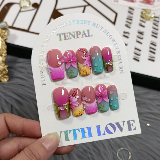 TENPAL Medium Square Press on Nails - Magenta Navy Blush Ombre 3D Floral Design Y2K Glossy False Nails for Women Girls, Acrylic Soft Gel Handmade Square Nails(S)