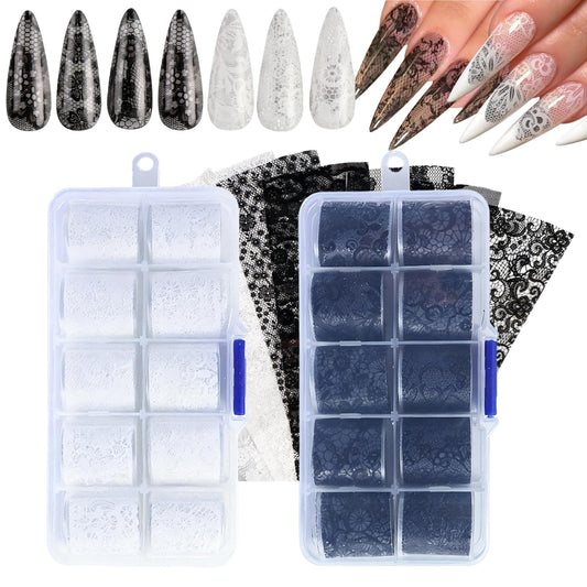 GZMAYUEN 20 Rolls Lace Nail Foil Sheets, White Lace Transfer Foil for Nails, Black Nail Lace Stickers, Nail Transfer Sheets for DIY Nail Decoration