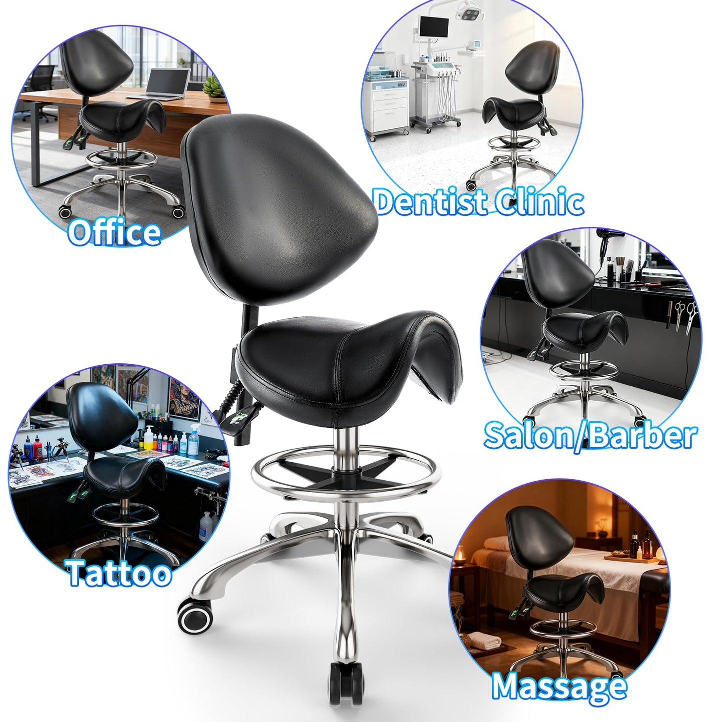 Saddle Chair with Back Support - Adjustable Height with Foot Rest，350 LBS Capacity Ergonomic，360° Swivel Drafting Chair for Salon，Spa，Massage，Tattoo，Facial lash，Home, Dentist Clinic (Black)