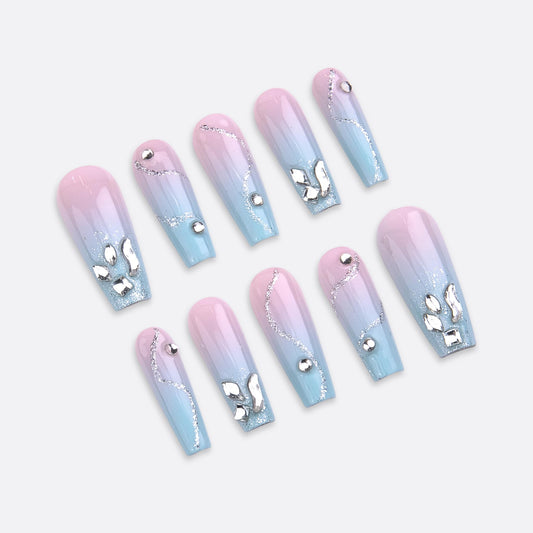SIYOU Beauty | Mermaid Shore | Pink and Light Blue Mermaid Long Coffin Press On Nails for Women (Large) - Reusable, Salon-Quality Fake Nails (10pc)