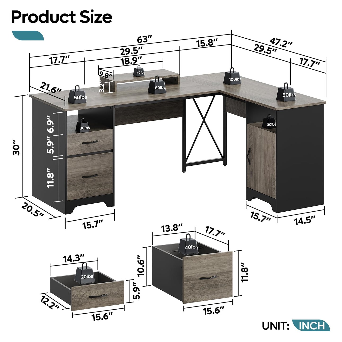 Bestier L Shaped Desk with File Drawers, 63" x 47" Office Computer Desk with Storage Cabinet, Corner Desk with Monitor Stand & Modesty Panel for Home Office, Gray