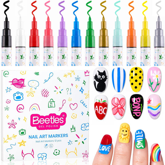 Beetles 12 Colors Nail Art Pens, 0.7MM Painting Nail Polish Pens Quick Air Drying Acrylic Paint Markers for Nails Art Design Dotting Liner Brush, DIY Home & Salon Manicure Tools