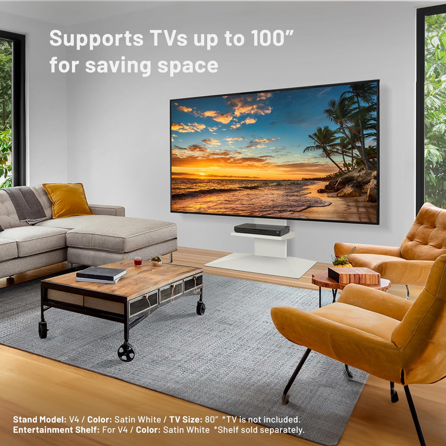 WALL V4 | Sleek Shallow Floor TV Stand for Extra Large 50-100 Inch | Walnut | for Large Screens | Living Room and Bedroom, Space Saving, Adjustable Mount, No Drill, Japan-Engineered Design