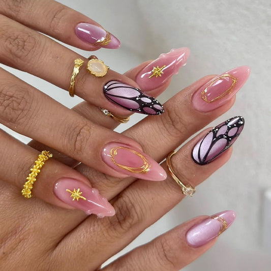 octoswave Press on Nails Long Almond Fake Nails Pink Artificial Nail Purple Butterfly Stick on Nail for Women 24pcs