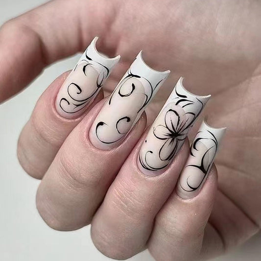 MISUD Press on Nails - Long Square Fake Nails with Matte White French Tip, Acrylic Black Flower Design 24 pcs