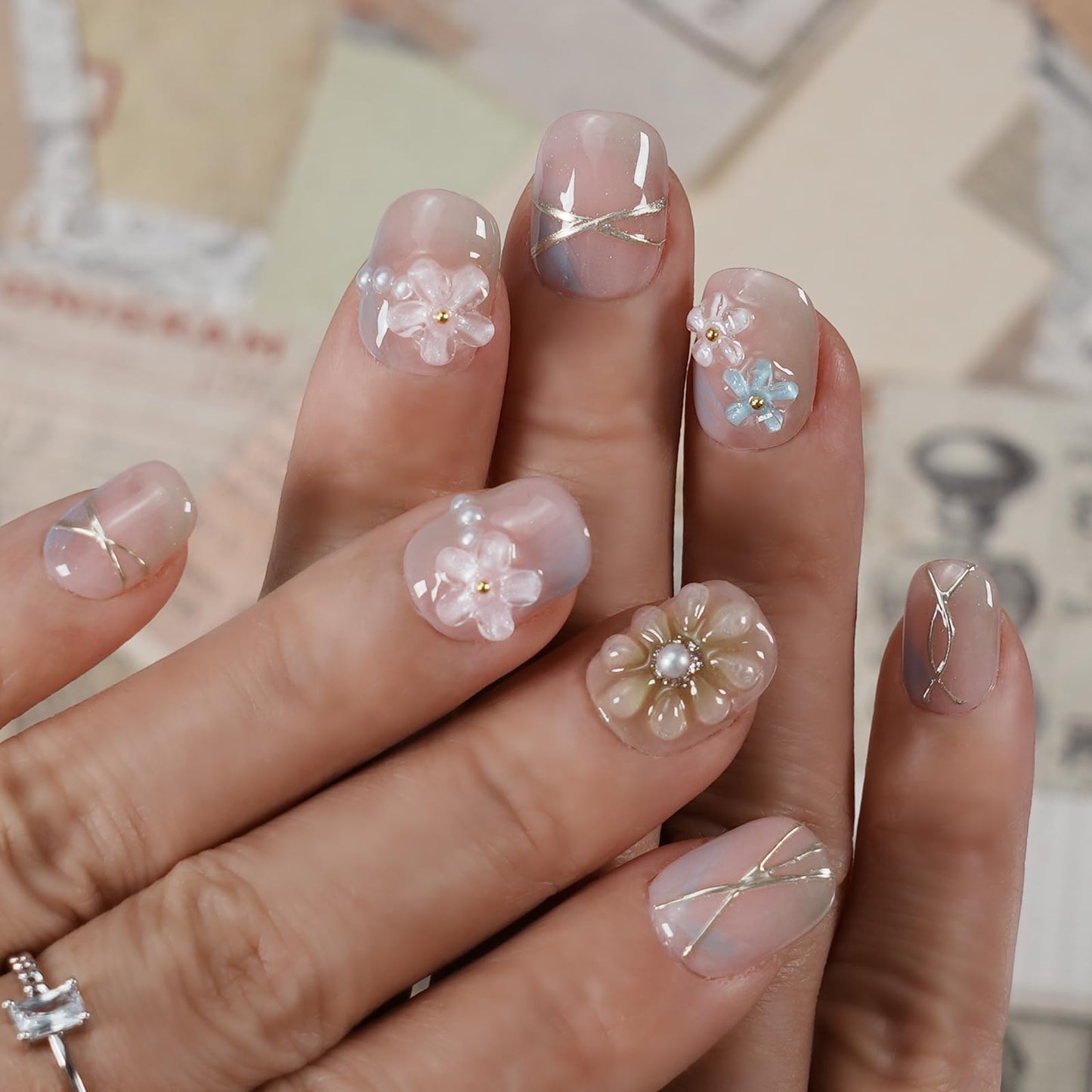 Tesytto 3D Floral Press on Nails Short Round - Handmade Pink Gradient with Pearls, Luxury Soft Gel Reusable Fake Nails (Soft Petal Pearl Glow, L)