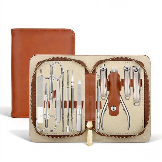 13-Piece Manicure Set, Stainless Steel Nail Clippers Kit with Leather Case, Manicure & Pedicure Nail Care Tools for Women & Men, Portable for Travel & Gift