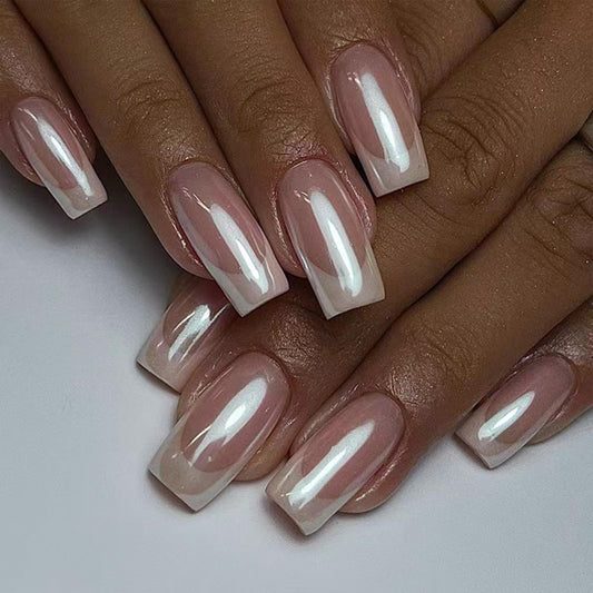 French Tip Press on Nails Square Medium Fake Nails Chrome Mirror Acrylic Nails Press ons with Designs Pearl Powder Artificial False Nails Glossy Full Cover Glue on Nails for Women Manicure 24 Pcs
