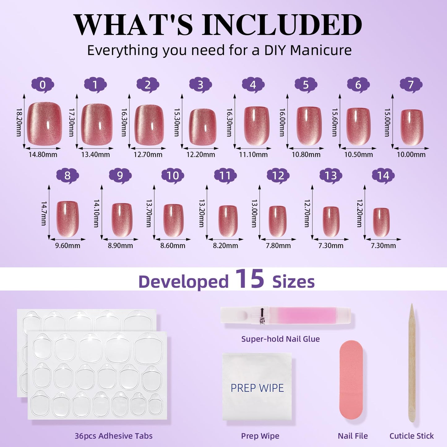 Cat Eye Press On Nails - Rose Pink Press On Nails, Short Square Nails Press Ons for Women Fake Nails with Glue, Glossy Reusable Glue on Nail in 15 Sizes - 30pcs