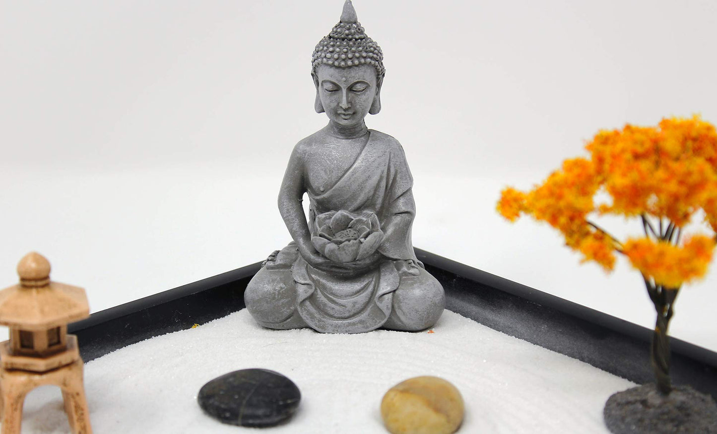 Nature's Mark Mini Zen Garden Kit for Desk with Rake, White Sand, Buddha, Bridge Black Square Base, River Rocks and Mini Blossom Tree (9Lx9W A)