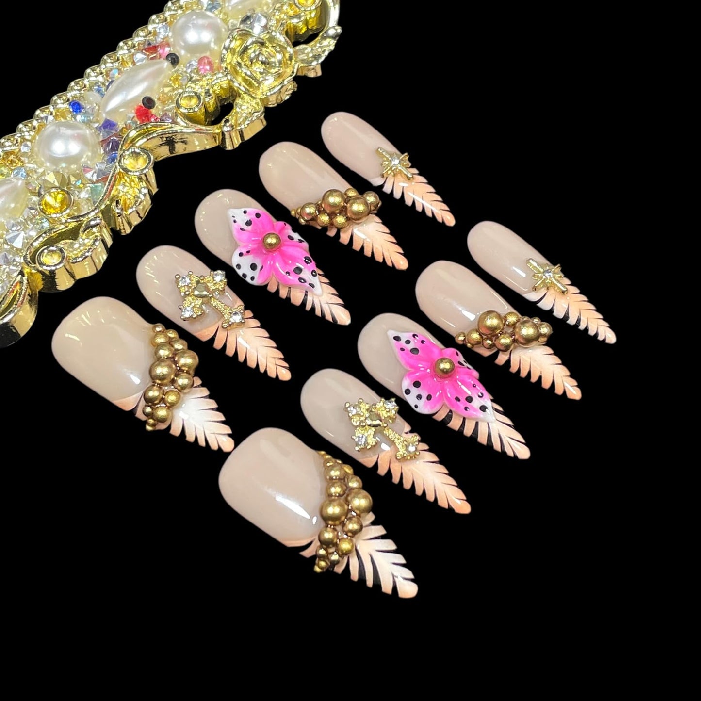 Luxury Handmade Press On Nails, Nude Pink Stiletto Tips with Gold Chains, 3D Flowers, Tiger Stripes, Reusable Acrylic False Nails (Tiger Luxe, M)