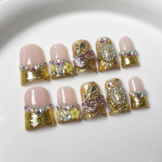10 Pcs French Tip Press on Nails Duck Medium Handmade Fake Nails with Glue,Full Cover 3D Cherry Flower Luxury Rhinestone Pattern Design False Nails Artificial Acrylic Glue on Nail for Women (Size S）