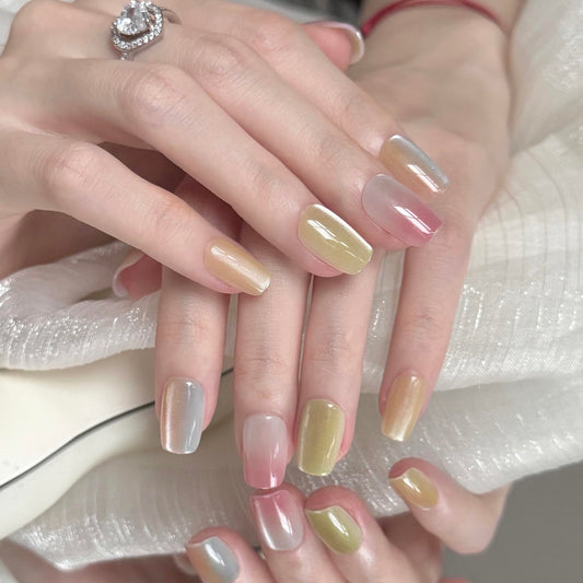 30 Pcs Cat Eye Press on Nails Short Rainbow Press on Nails Summer Nails Rainbow Nails Colorful Press on Nails Short Fake Nails for Young Girls