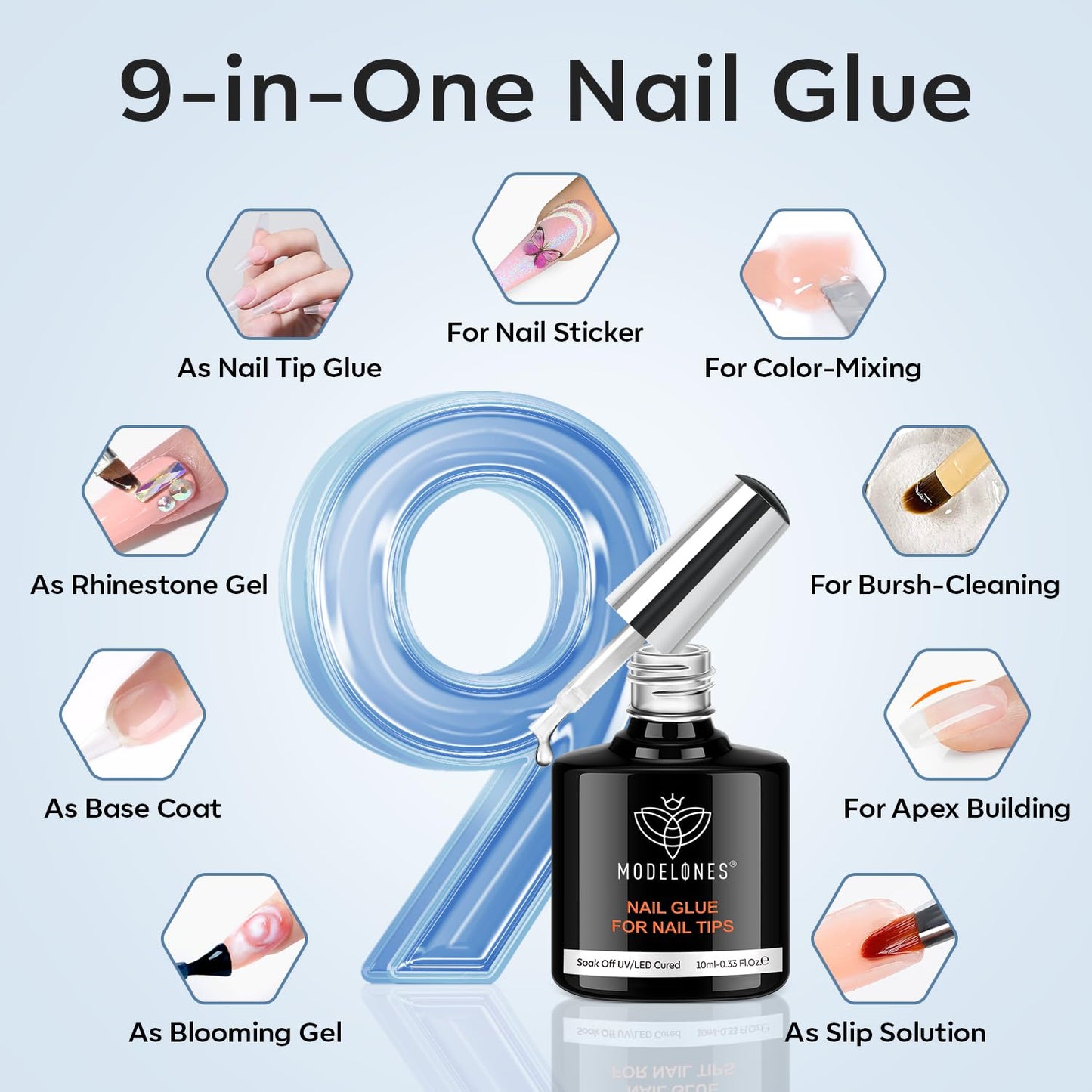 modelones X Nail Gel Kit Extra Short Almond, 9-in-One Nail Glue with Mini UV Light 216Pcs 12Sizes Pre-Etched Press ons Fake Acrylic Extension Kit DIY Salon Gift for Women