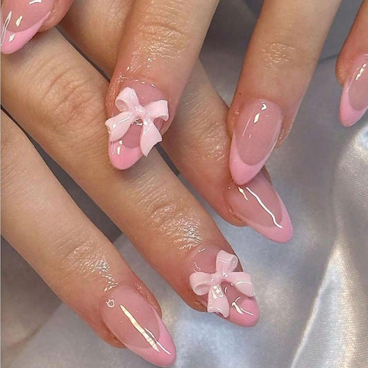 24Pcs Pink French Tip Press on Nails Short Almond Fake Nails with 3D Bow Gems Design Pink Glue on Nails Glossy Full Cover Cute False Nails French Tip Artificial Acrylic Nails Decoration for Women DIY