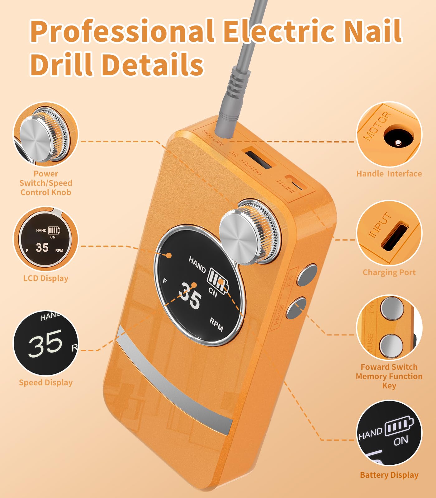 Electric Nail Drill Professional, Portable Rechargeable 35000 RPM - Cordless Electric Nail File Machine Kit for Acrylic Gel Polishing Removing, Manicure at Home DIY & Salon (Orange)