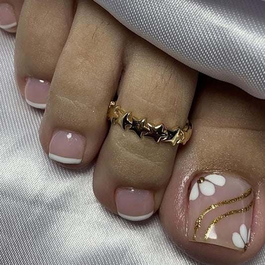 PEPFTG Pink Press on Toenails Short Square Fake Toenails with Flower Gold Line Design Stick on Nails French Tip Nails Press on Toenails Summer Acrylic Glue on Toenail for Women Manicure 24Pcs