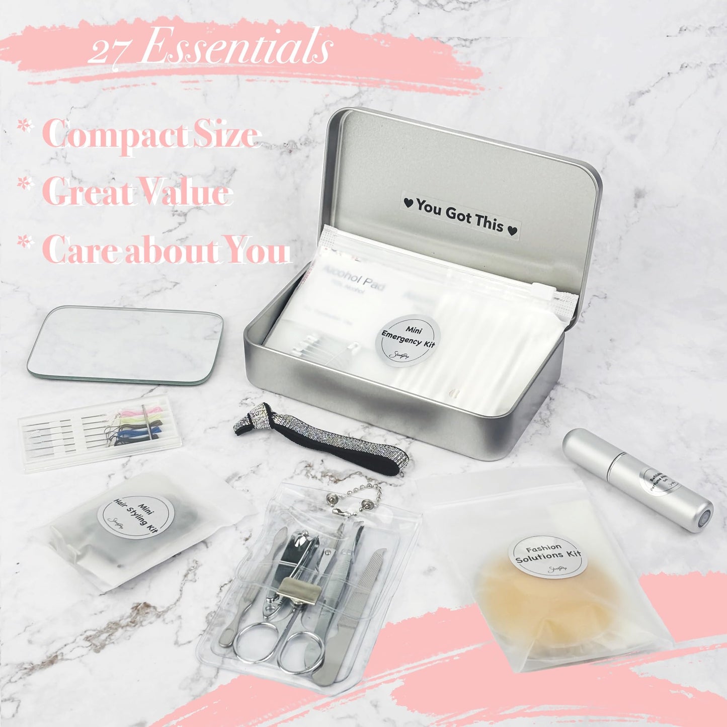 Women's Emergency Kit For Styling,Wedding Day Essentials Kit,Purse kit for Travel, Car, 27 Piece Include Nipple Cover, Fahsion Tape, Manicure Kit