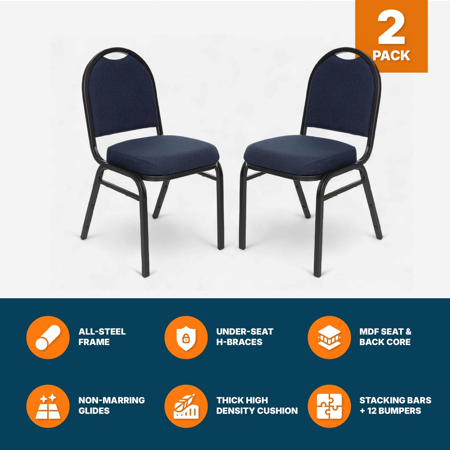 OEF Furnishings OEF9200F Series Dome Back Upholstered Stackable Banquet Chairs Premium Commercial Seating (2 Pack, Fabric, Midnight Blue, Black Santex Frame)