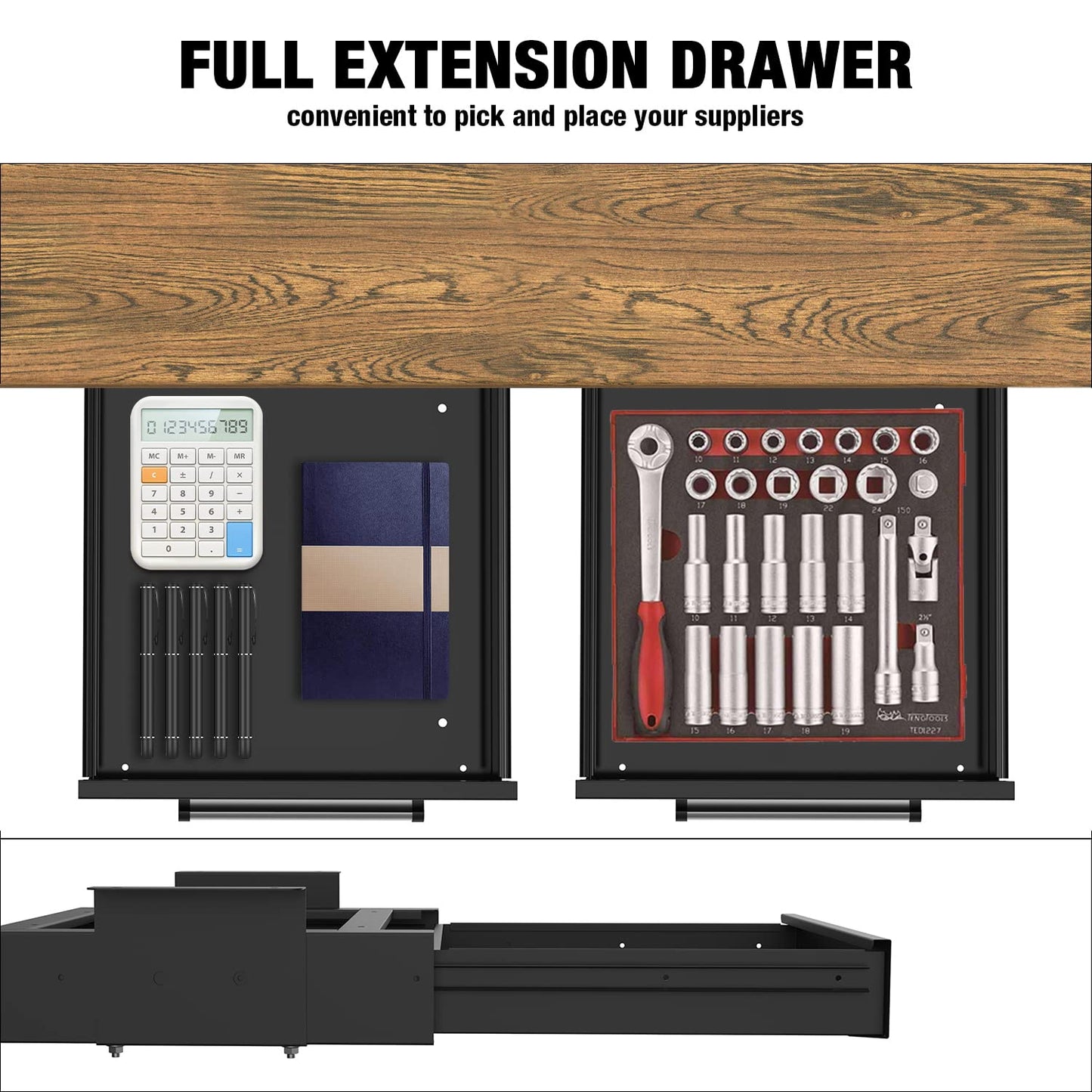 UNITEDPOWER Under Desk Drawer Storage, Pull-Out Office Hidden Counter Drawer, Metal Sliding Organizer Mount Below Table, Optional Bracket Height, Black