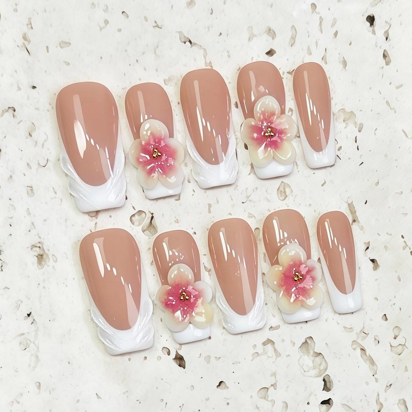 Handmade Press on Nails Long Square White French Tip Thick Acrylic Fake Nails 3D Flower False Nail with Embossed Designs Elegant Sturdy Nail Art Press on Nails Multi Gel Stick on Nail 10Pcs (M)