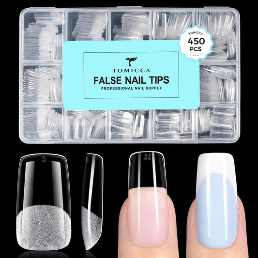 TOMICCA Medium Square Nail Tips 15 Sizes 450Pcs Pre Shaped Half Matte Full Cover Soft Acrylic Fake False Tips for Manicure Salon DIY at Home