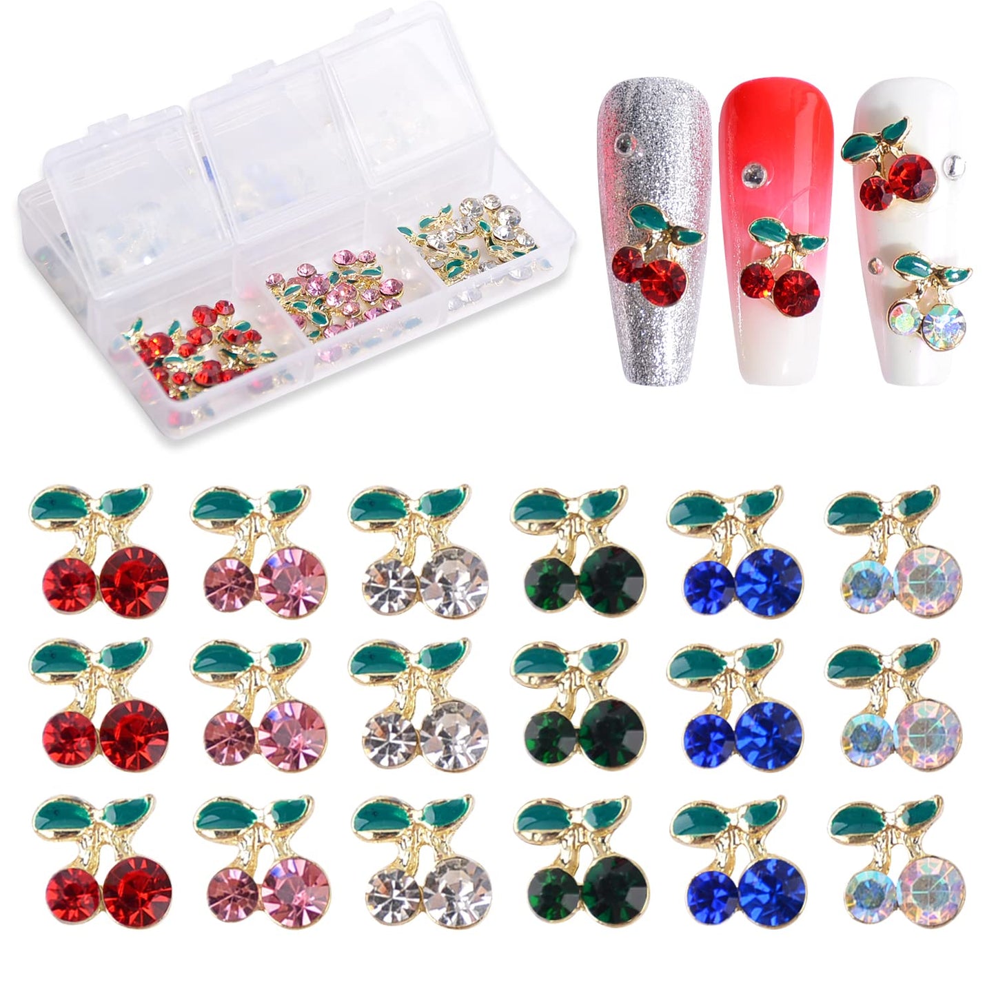 Nail Art Rhinestones Gold 3D Cherry Nail Charms, 60Pcs Cherry Crystal Diamond Fruit Charm for Nails Design Metal Alloy Rhinestone Jewelry DIY Crafts Supply(6 Colors,Cherrys)