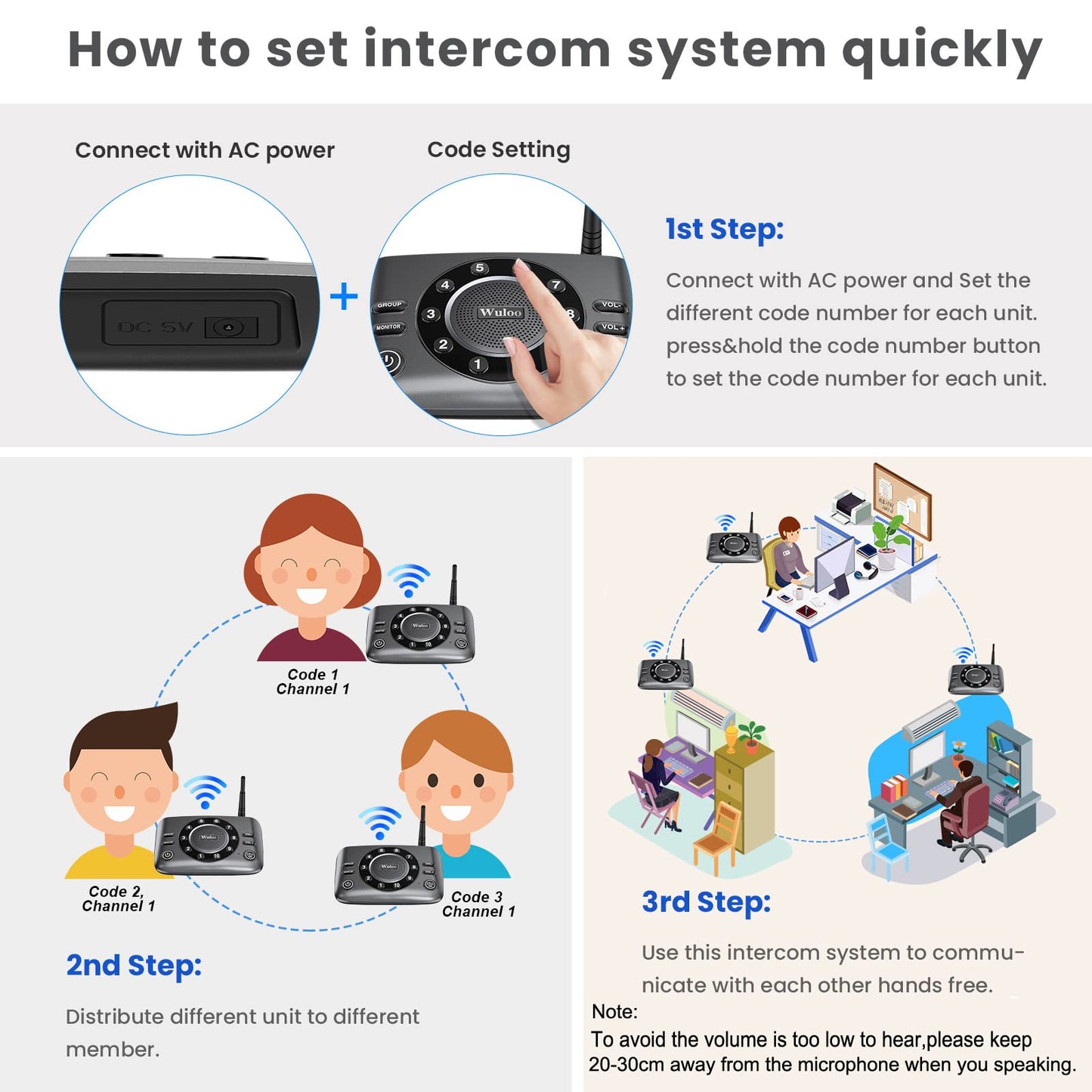 Hands-Free Two Way Intercoms Wireless for Home Business, Wuloo Upgrade Audio Intercom System for Elderly, Full Duplex Room to Room Intercom with 5280 ft Range Clear Sound Anti-Interference, 3-Pack