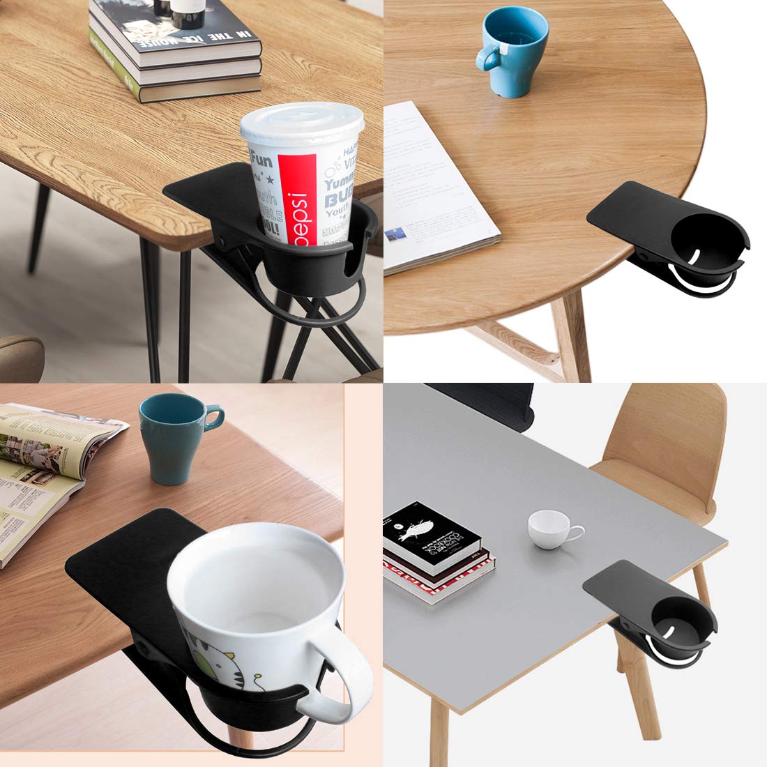 HOLLIHI 2PCS Drink Cup Holder Clip - Table Desk Side Water Glass Beer Bottle Tumbler Beverage Soda Tea Coffee Mug Holder Cup Saucer Clip Design for Home Office, Black